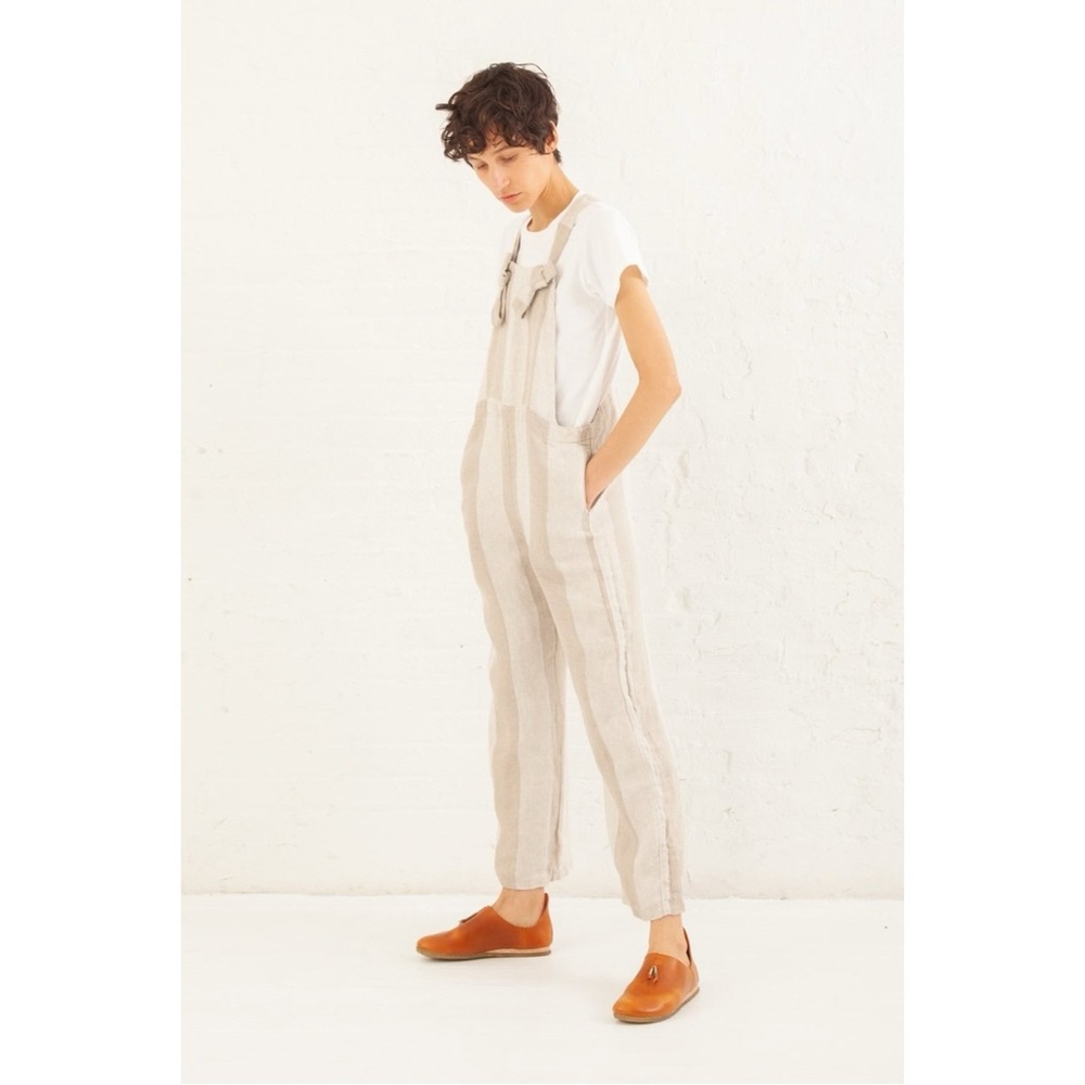 Ichi Antiquites One Size 100% Linen All In One Stripe Jumpsuit Overalls Natural